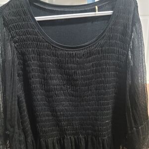 Black Smocked Bodice Sheer Sleeve Dress